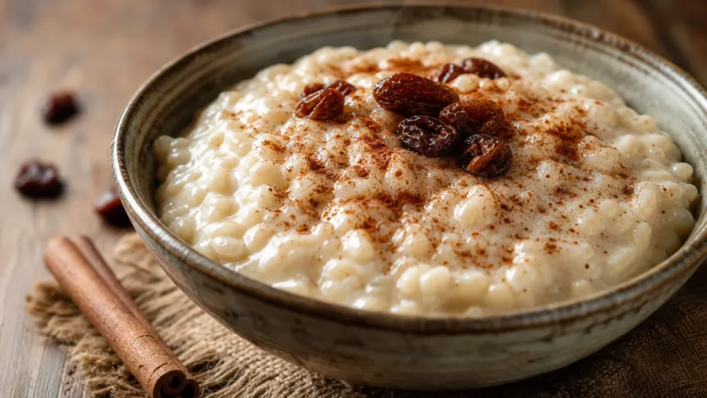 Arroz con leche cremoso con canela y pasas en un bol rústico sobre mesa de madera