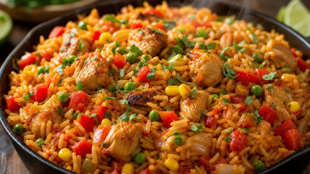 Arroz con pollo mexicano jugoso con pollo tierno, elote, chícharos y cilantro fresco en una olla rústica