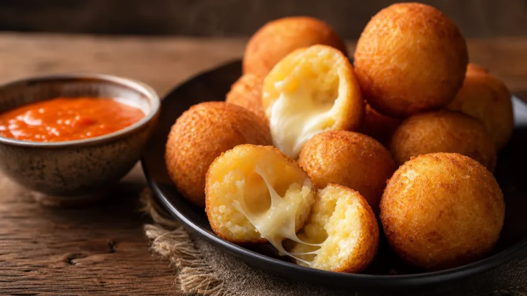 Bolitas de yuca con queso doradas, crujientes por fuera y cremosas por dentro sobre mesa rústica