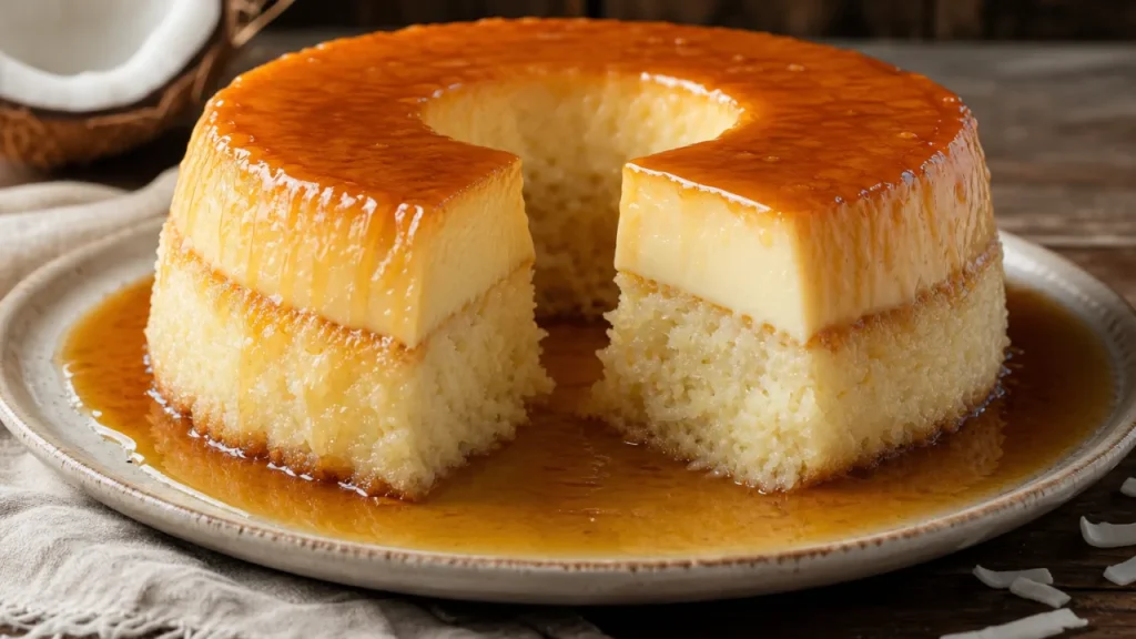 Bolo pudim de coco cremoso con caramelo brillante y textura suave sobre mesa de madera