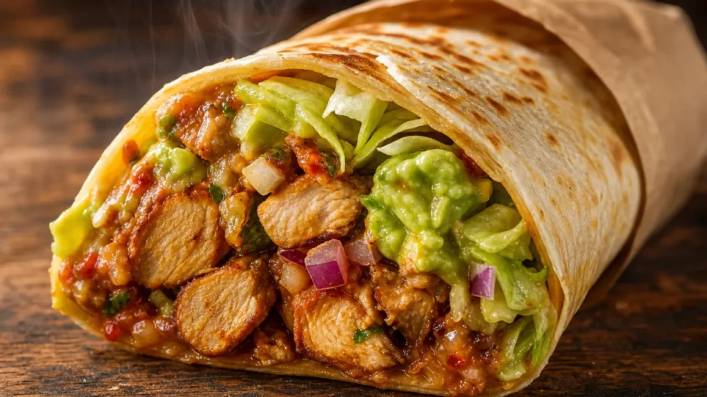 Burrito de pollo picante con guacamole, lechuga fresca y salsa rústica sobre mesa de madera