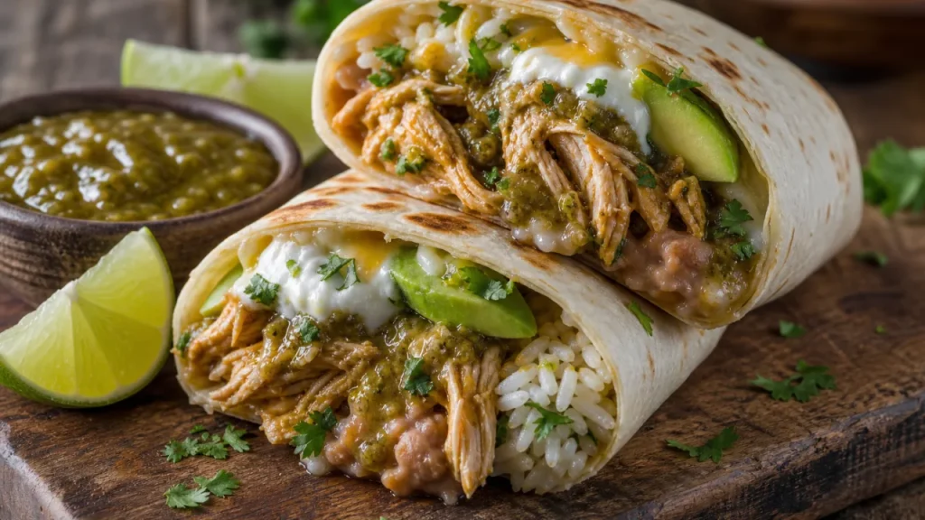 Burritos de pollo con salsa verde casera, arroz, frijoles, aguacate y cilantro sobre mesa de madera