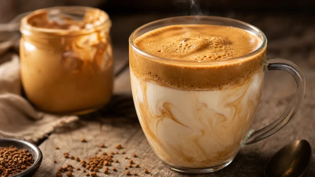 Café cremoso con espuma suave servido en taza de vidrio sobre mesa de madera