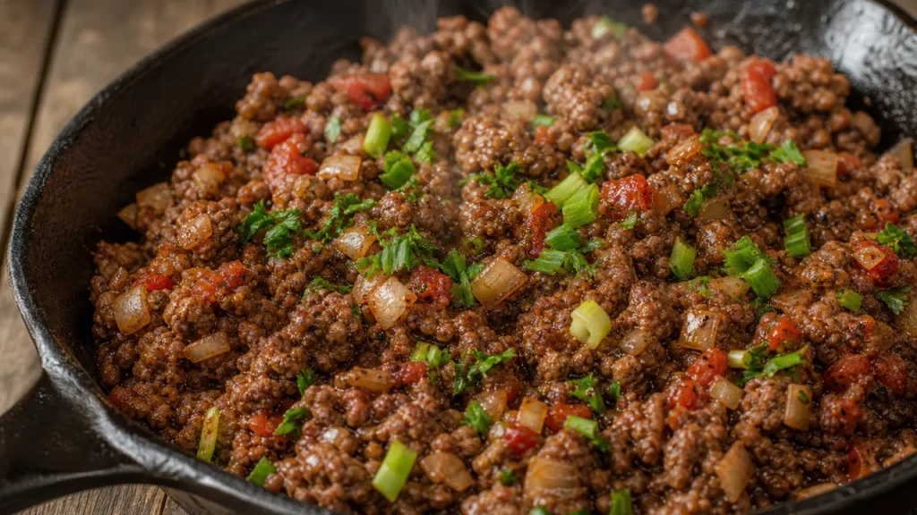 Carne moída jugosa en sartén de hierro con cebolla, tomate y hierbas frescas sobre mesa rústica