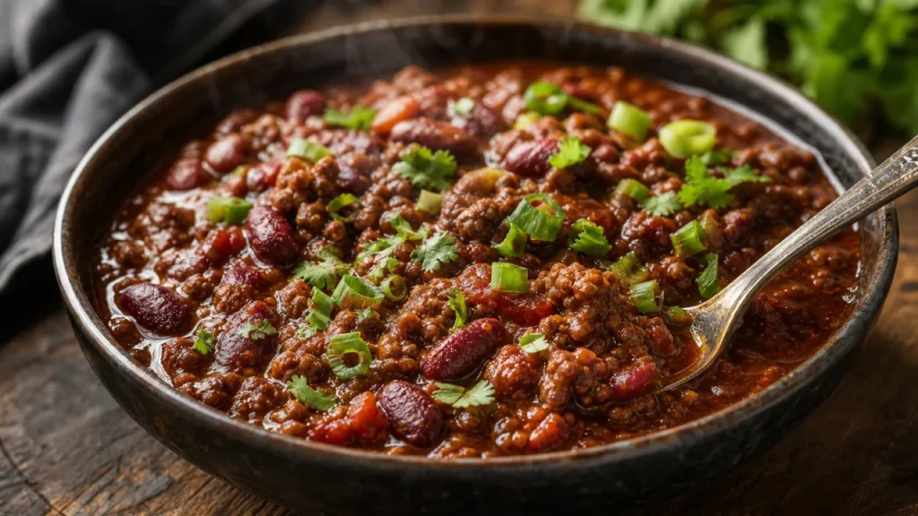Chili con carne casero y ahumado con carne jugosa, frijoles rojos y cilantro fresco en un cuenco rústico.