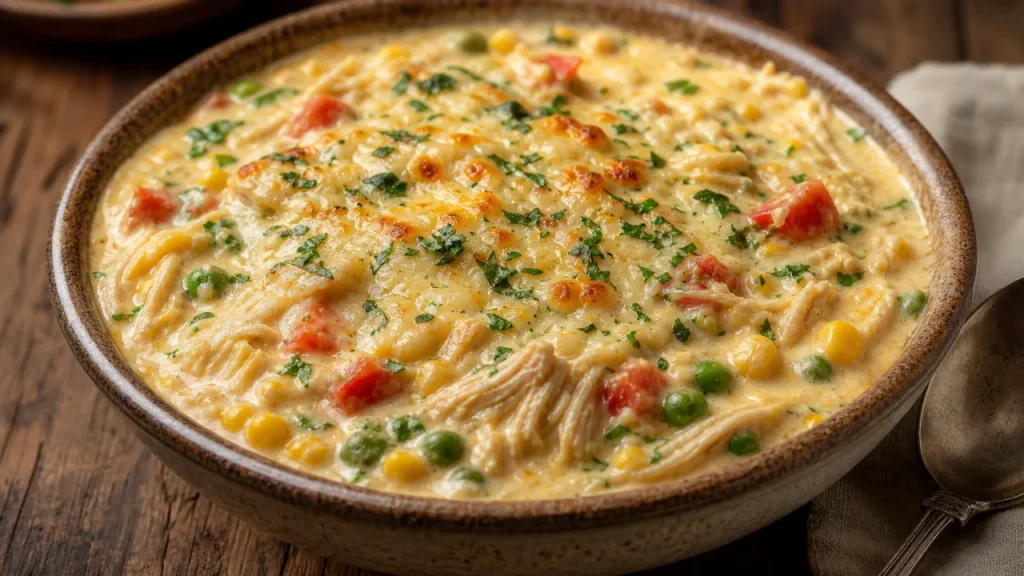 Crema de pollo súper cremosa con pollo desmenuzado, maíz, arvejas, queso rallado y perejil en un tazón rústico