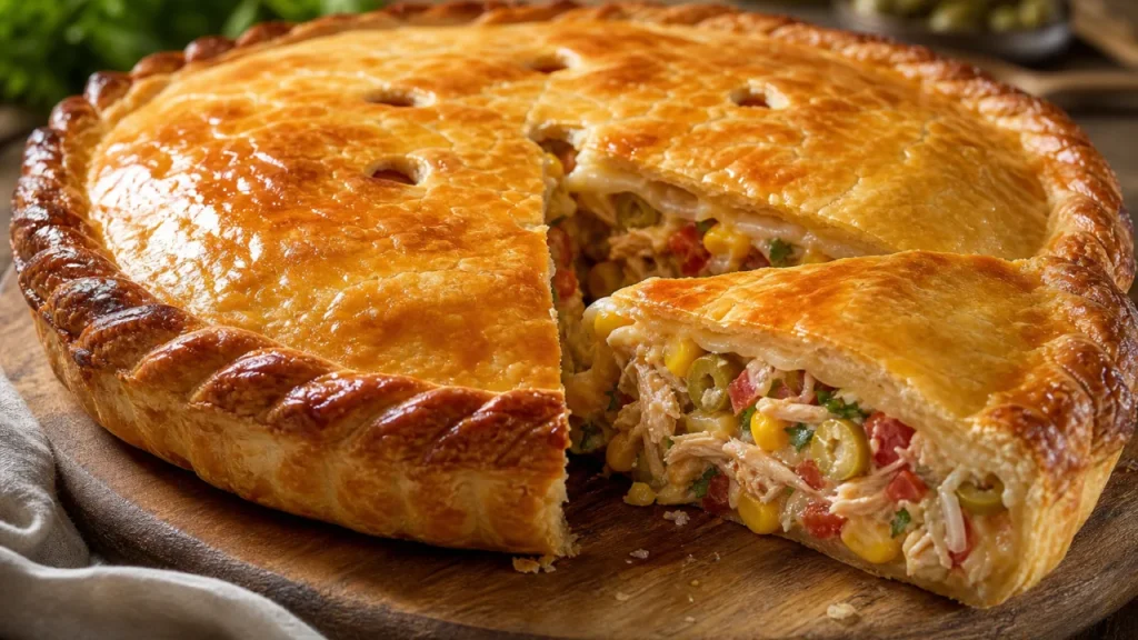 Empanada de pollo cremosa dorada con relleno jugoso, maíz, aceitunas y perejil sobre mesa de madera.