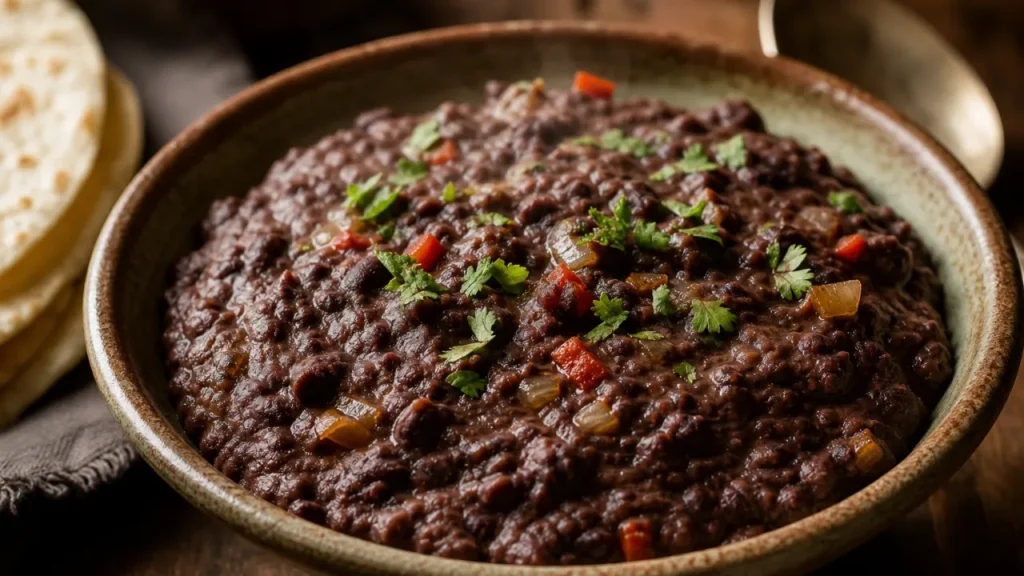 Frijoles refritos caseros cremosos con cilantro fresco en un tazón rústico sobre mesa de madera
