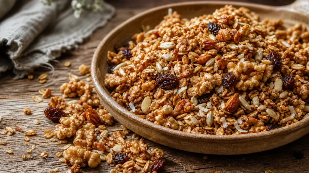 Granola en sartén crujiente con avena, nueces, almendras, pasas y coco sobre mesa rústica
