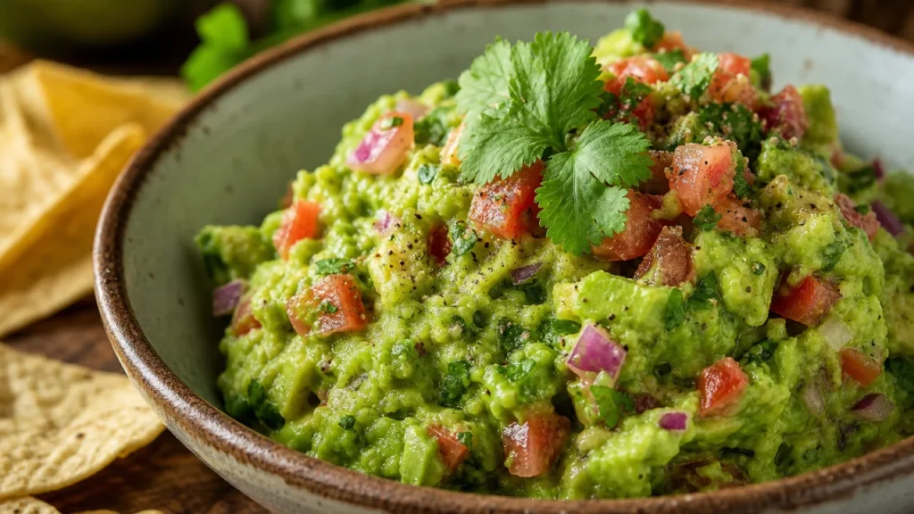 Guacamole fresco con aguacate, tomate, cebolla morada y cilantro en un tazón rústico