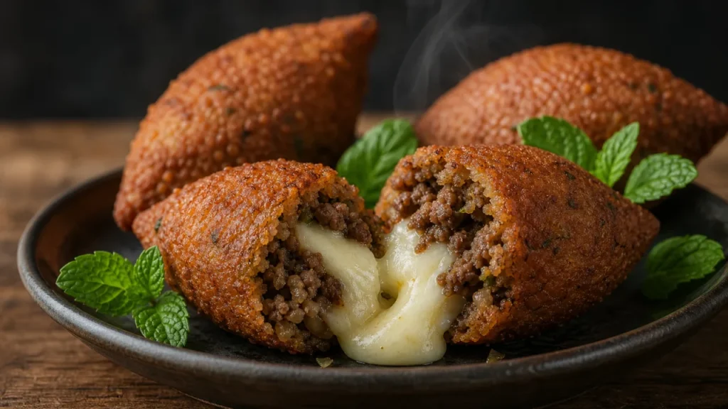 Kibe frito relleno crujiente por fuera y jugoso por dentro con queso cremoso