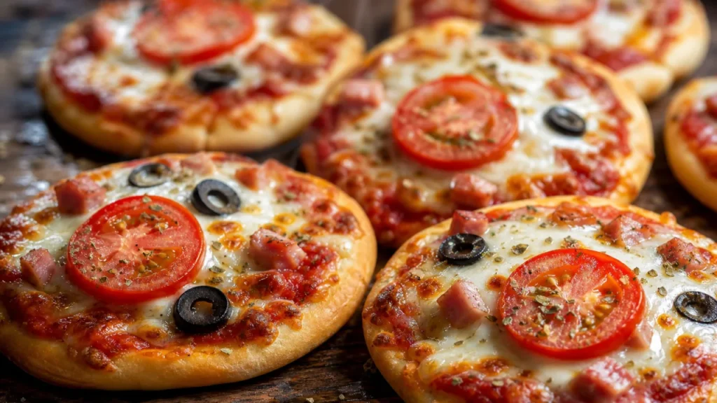 Mini pizzas caseras con queso derretido, tomate, jamón, aceitunas y orégano sobre mesa rústica