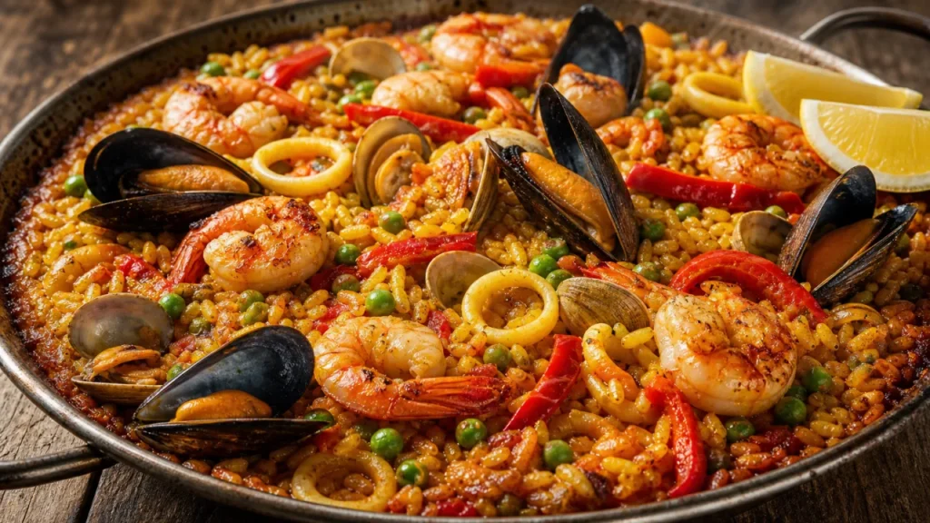Paella de mariscos fácil y espectacular en paellera, con camarones, mejillones, almejas, calamares, arroz dorado y limón