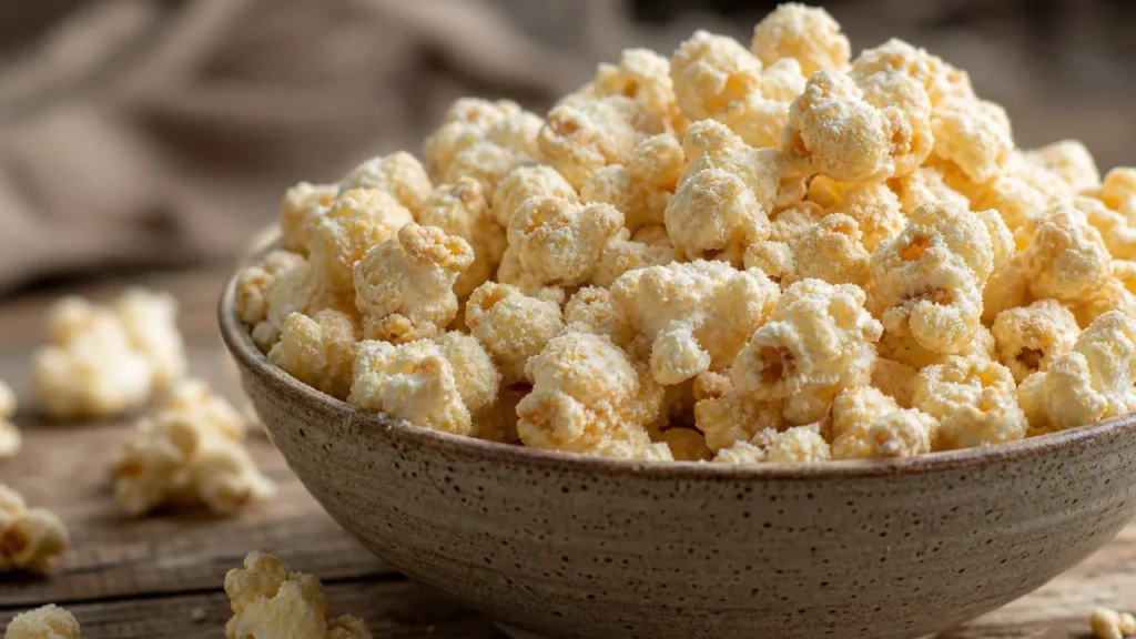Palomitas gourmet con leche en polvo en un tazón grande, dulces, crujientes y con cobertura cremosa.