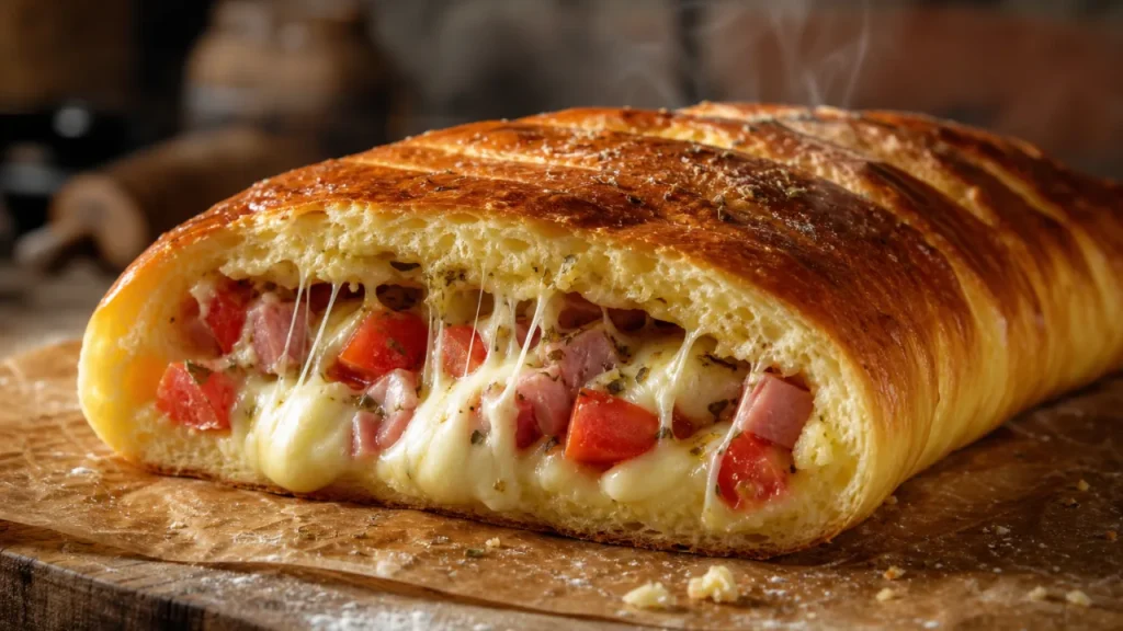 Pan pizza de papa relleno dorado, con queso mozzarella fundido, jamón y tomate sobre tabla de madera