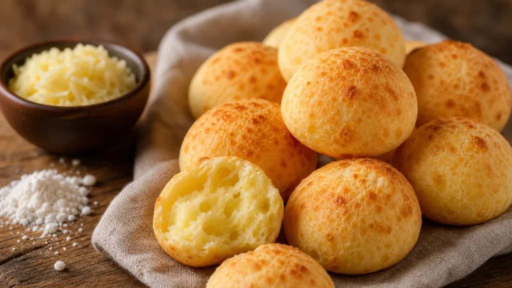 Pancitos de tapioca dorados y suaves, con textura esponjosa y sabor a queso, servidos sobre mesa rústica.