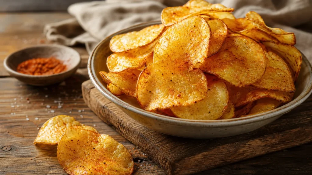 Papas chips crocantes y secas con pimentón y pimienta negra sobre mesa de madera