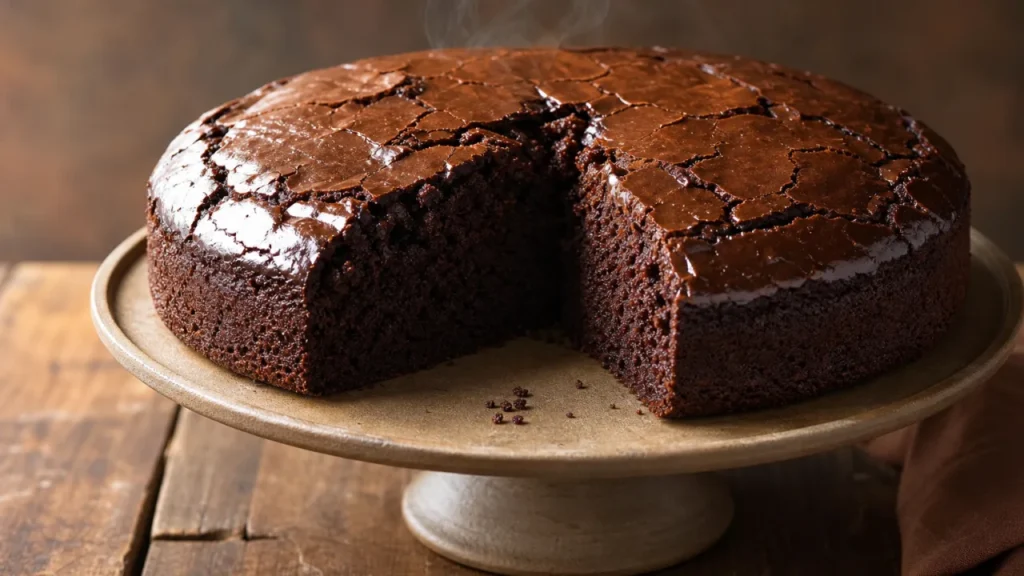 Pastel de chocolate con casquinha perfecta y cobertura brillante sobre mesa rústica