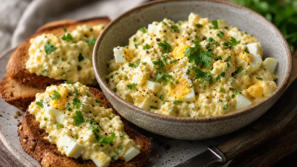 Paté de huevo fit cremoso con perejil y cebollín servido para untar sobre tostadas