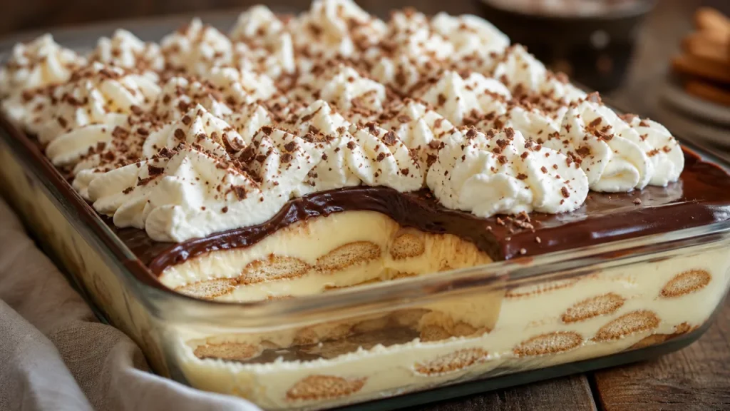 Pavé especial sin horno con capas cremosas, cobertura de chocolate y crema batida en refractario de vidrio