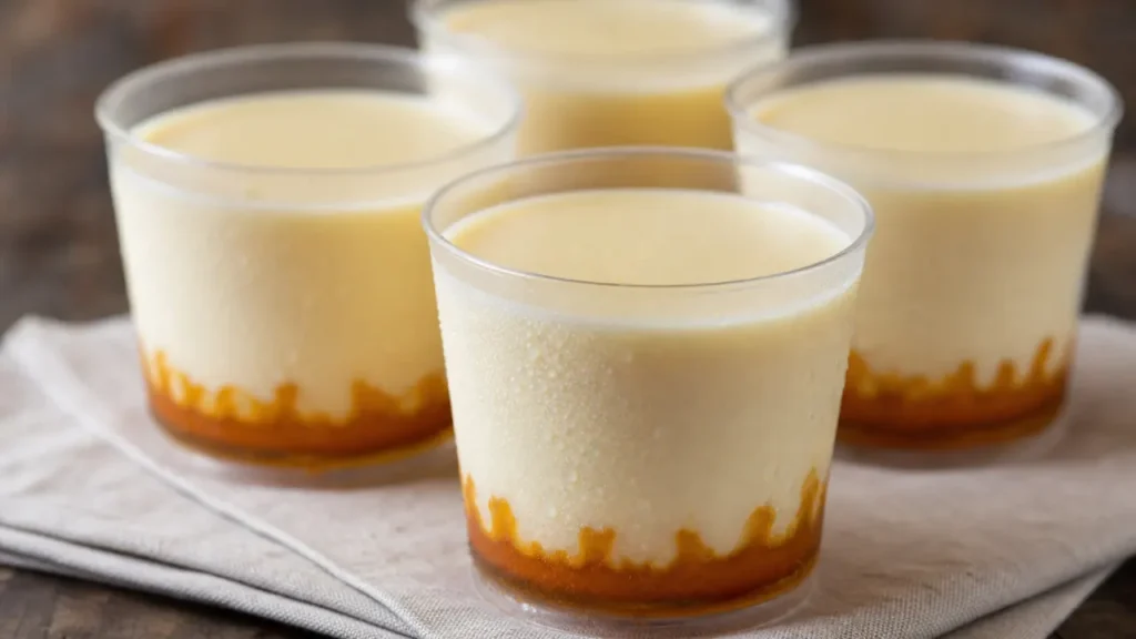 Pudín cremoso en vasitos con caramelo dorado y textura suave, servido en una mesa rústica