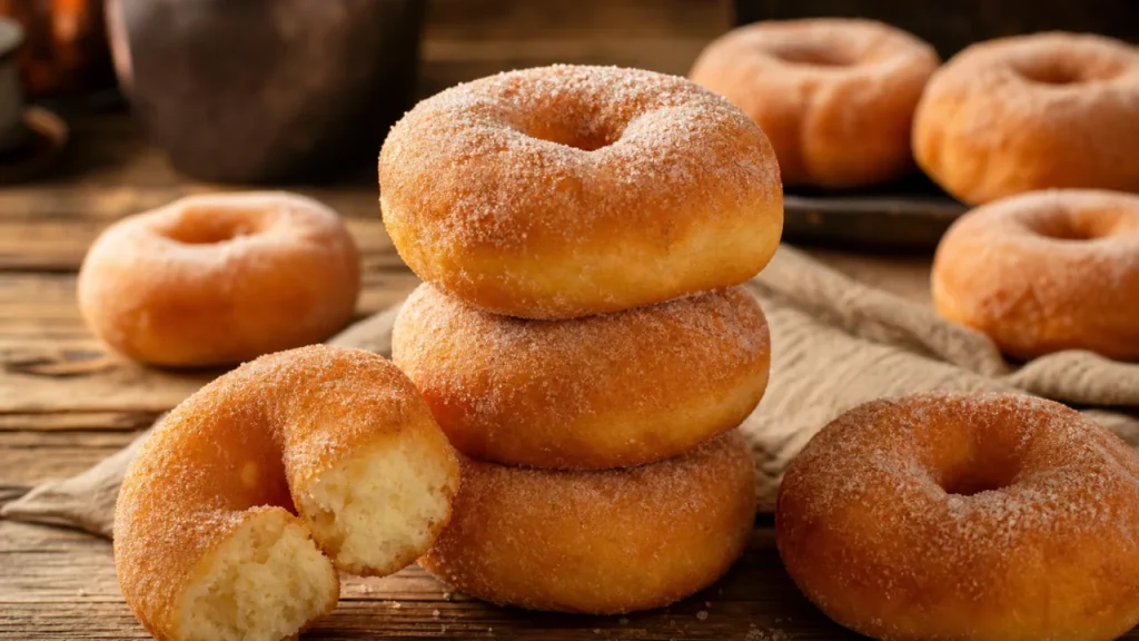 Rosquitas nube esponjosas doradas y espolvoreadas con azúcar sobre mesa rústica