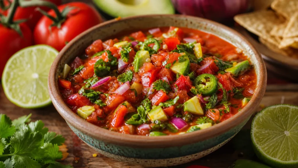 Salsa roja mexicana fresca y picante con aguacate, cilantro, cebolla morada y limón en un tazón rústico