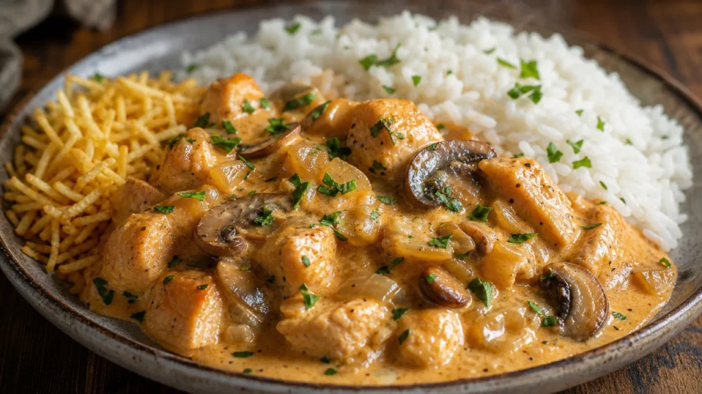 Strogonoff de pollo cremoso servido con arroz blanco y papas paja en un plato rústico