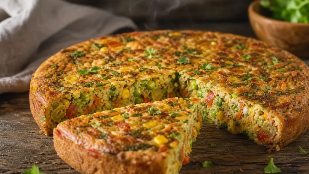 Tarta de verduras vegana dorada y jugosa con relleno colorido de zanahoria, calabacín, maíz, arvejas y aceitunas