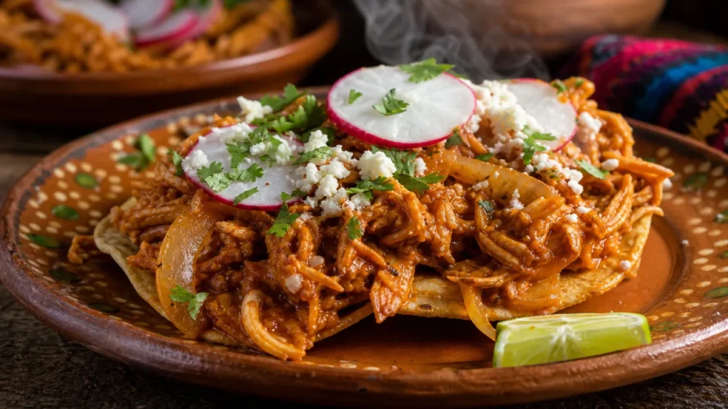 Tinga de pollo picante servida en tostadas con salsa de chipotle, cebolla y cilantro