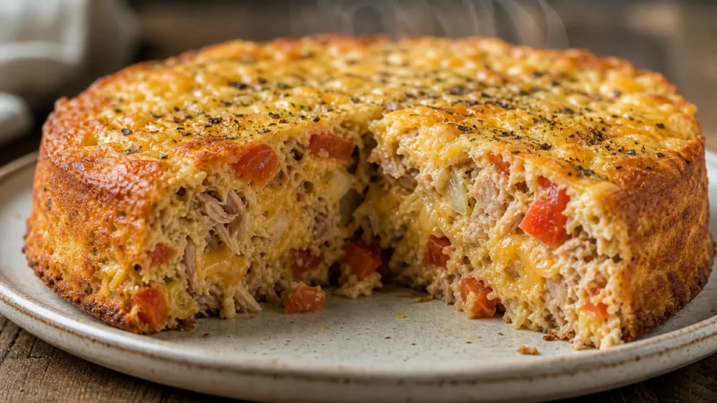Torta de atún low carb dorada y jugosa con queso, tomate y cebolla sobre mesa rústica